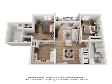 a 1 bedroom floorplan is shown in this rendering